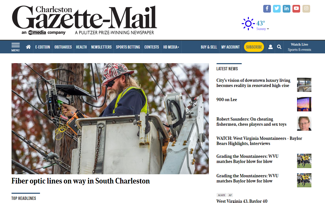 Charleston Gazette-Mail front page, fiber optic coverage